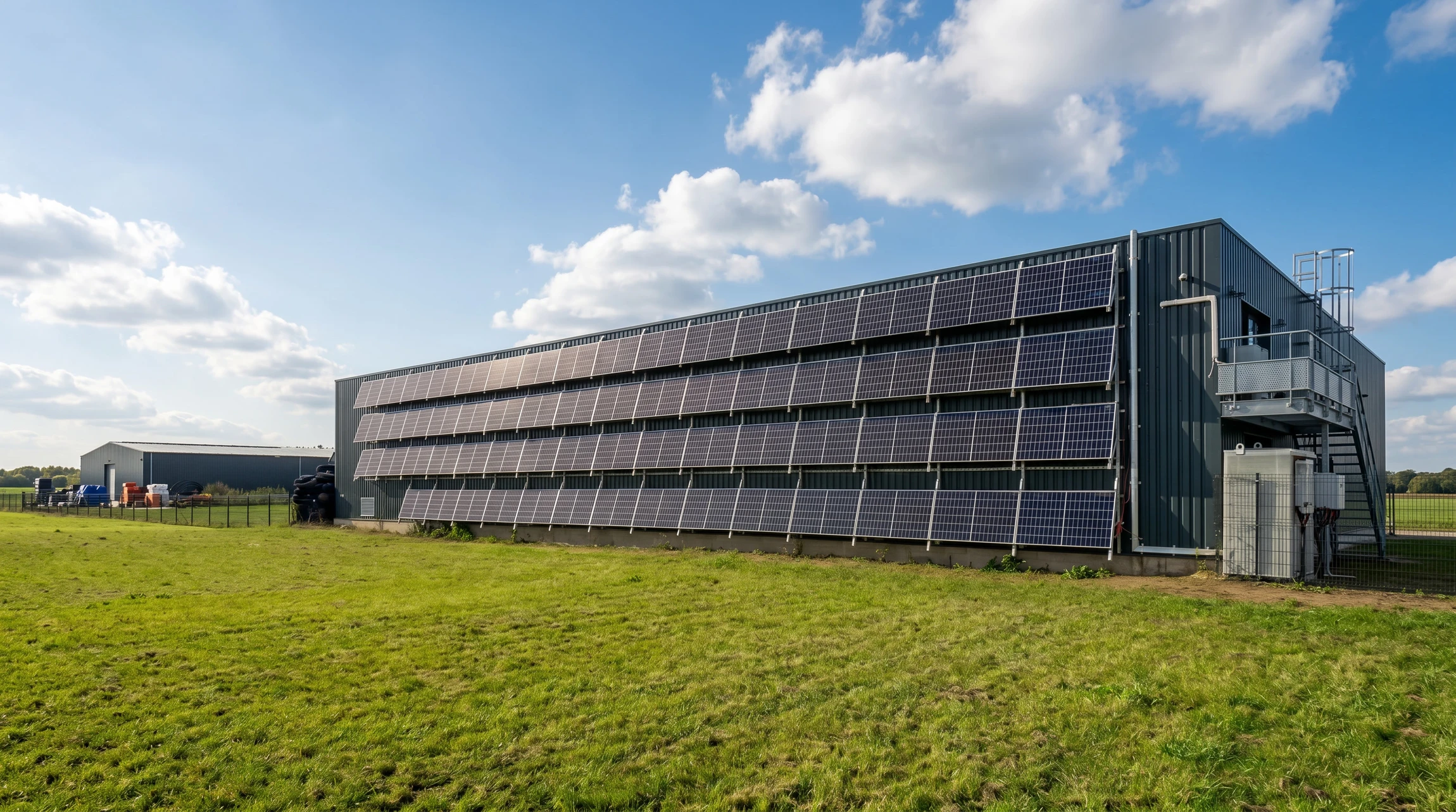 Bâtiment industriel en zone rurale, facade entièrement couverte de panneaux photovoltaïques monocristallins montés sur structure métallique en 4 rangées