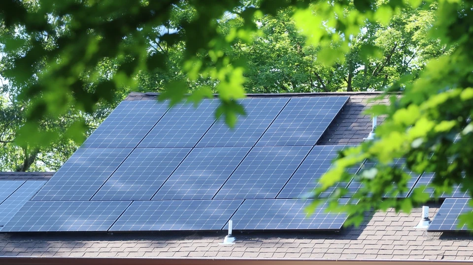 Panneaux solaires sur le toit d'une maison moderne avec des feuilles vertes au premier plan