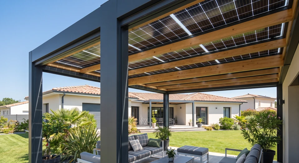 Pergola ou carport photovoltaïque moderne en extérieur, structure élégante en acier ou aluminium avec panneaux solaires intégrés à la toiture, offrant un espace ombragé sous les panneaux, jardin ou terrasse visible en arrière-plan, ambiance lumineuse naturelle, ciel dégagé, image de jour mettant en évidence le double usage (abri + production énergétique).