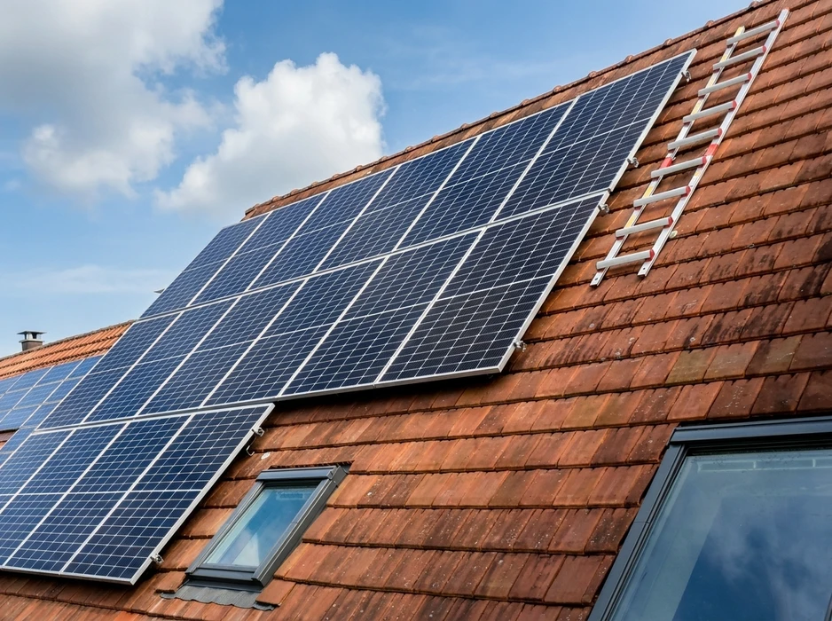 Toiture en tuiles terre cuite avec installation de panneaux solaires photovoltaïques