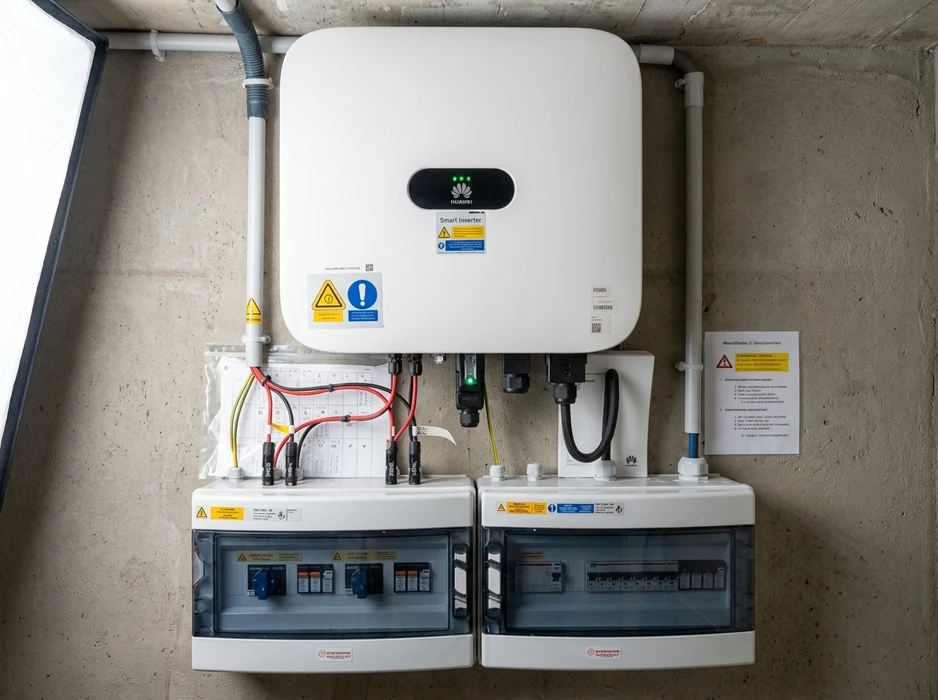 Installation électrique murale en intérieur, onduleur solaire Huawei Smart Inverter blanc fixé au mur en béton