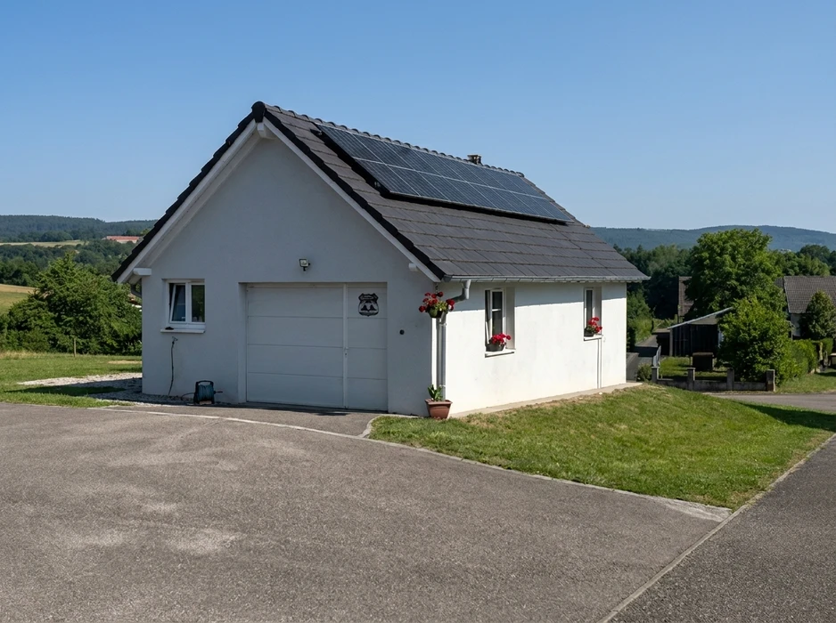 Petit bâtiment blanc de plain-pied avec garage double, toiture en tuiles ardoise équipée de panneaux photovoltaïques monocristallins