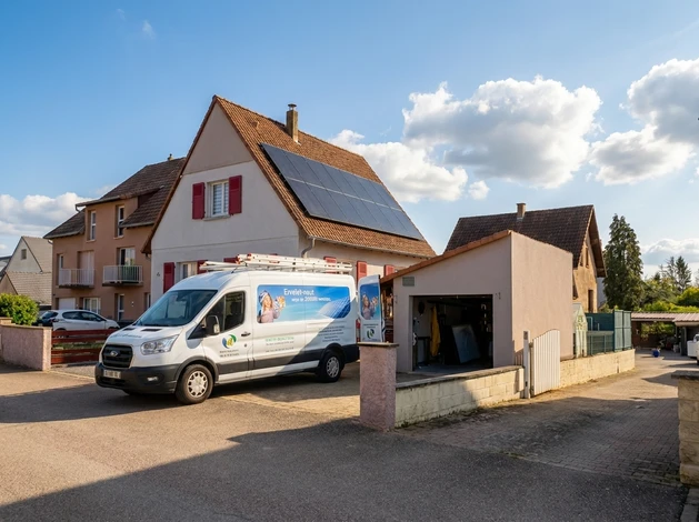 Extérieur résidentiel avec installation de panneaux solaires photovoltaïques sur toiture