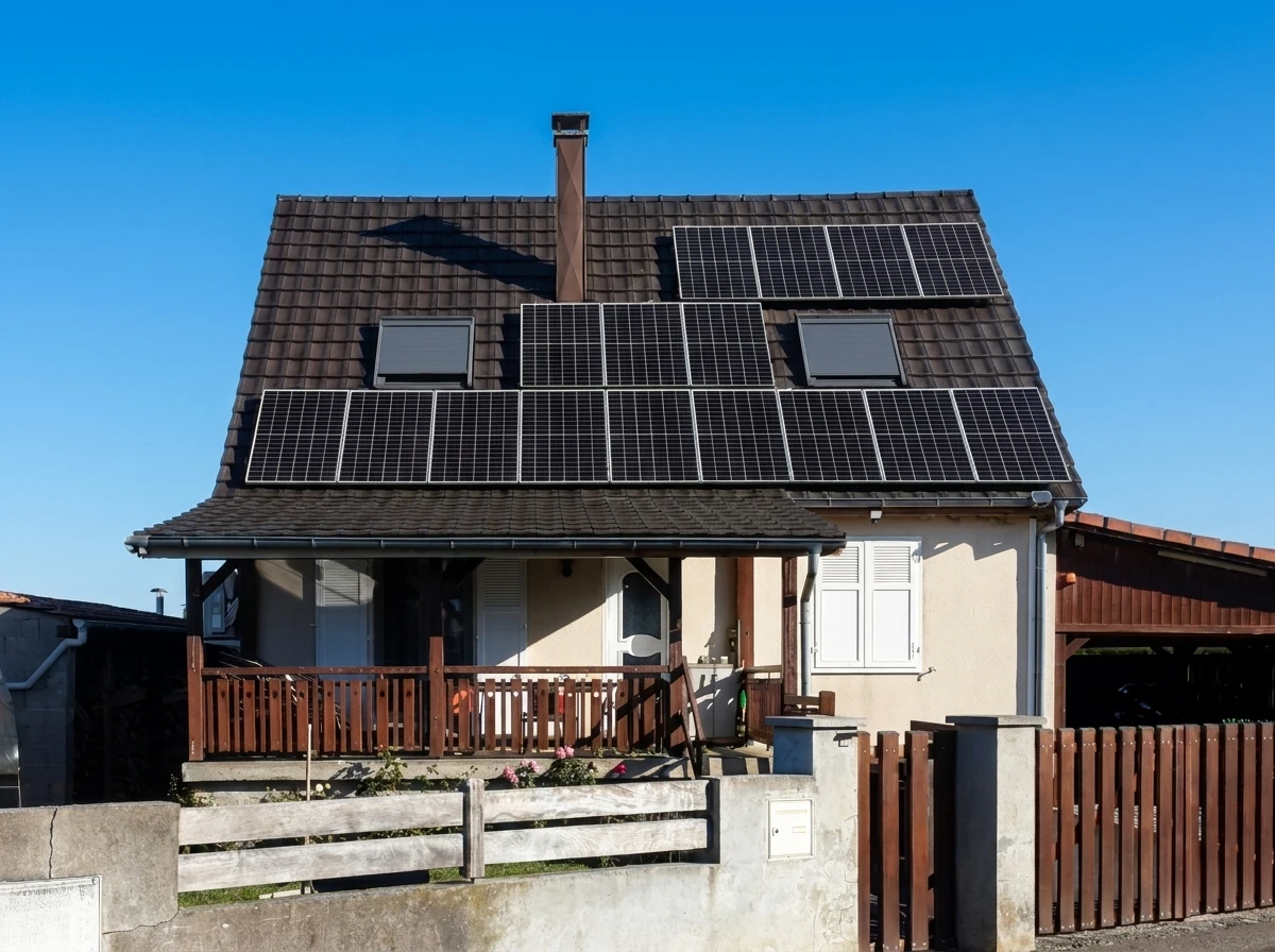 Scène extérieure montrant une installation de panneaux solaires photovoltaïques montés sur une toiture en tuiles terre cuite