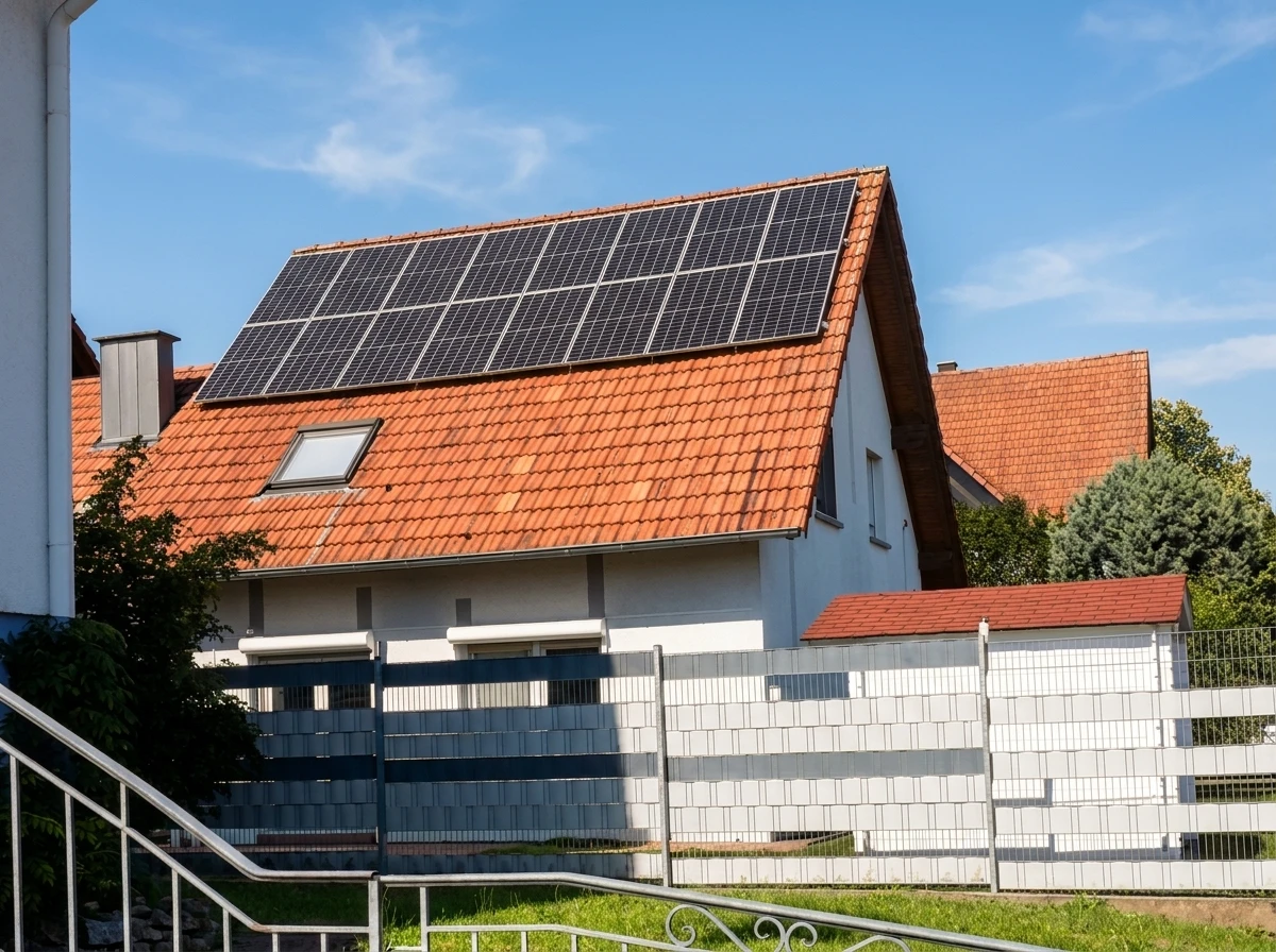 Scène extérieure montrant une toiture résidentielle équipée de panneaux solaires photovoltaïques sous un ciel bleu ensoleillé avec nuages blancs