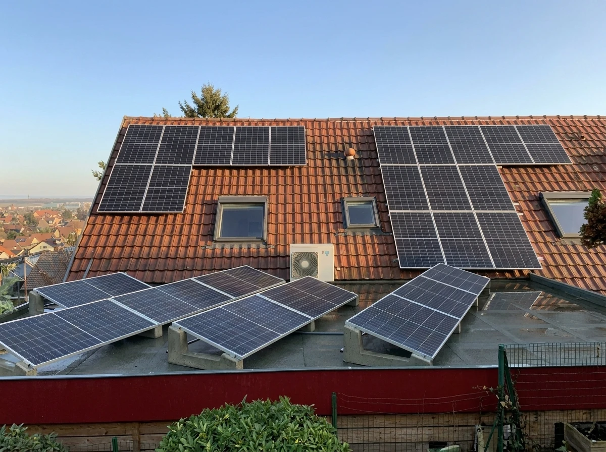 Extérieur résidentiel avec installation de panneaux solaires photovoltaïques sur toiture