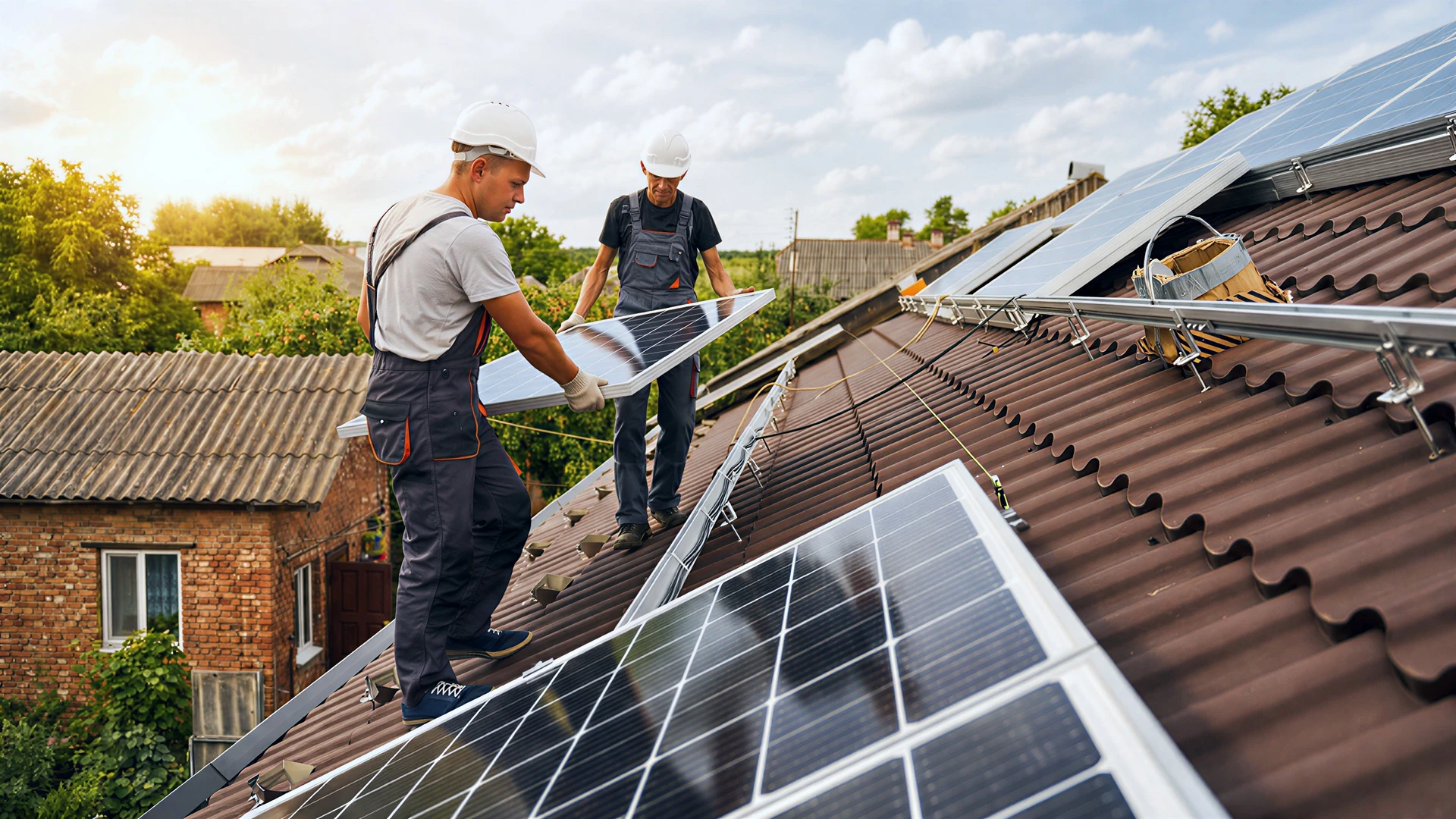 Deux techniciens en combinaisons vertes et casques blancs installent des panneaux photovoltaïques sur une toiture résidentielle en tuiles sous un ciel bleu dégagé, environnement verdoyant visible en arrière-plan
