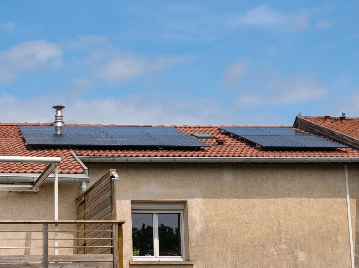 Ouvrier en équipement de protection individuelle avec casque jaune et harnais de sécurité travaillant sur installation de panneaux solaires photovoltaïques