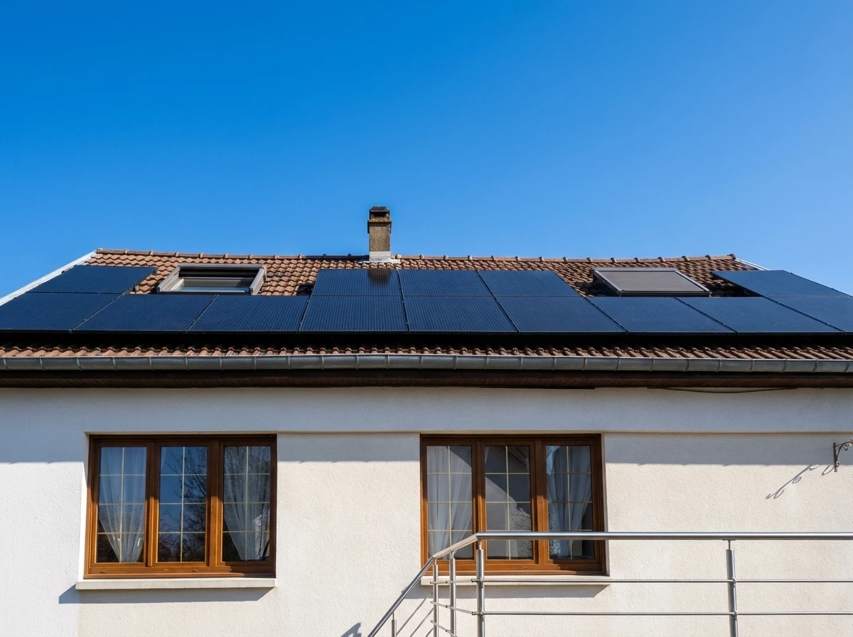 Deux techniciens en vêtements de sécurité rouge installent des panneaux solaires photovoltaïques sur une toiture en tuiles au coucher du soleil
