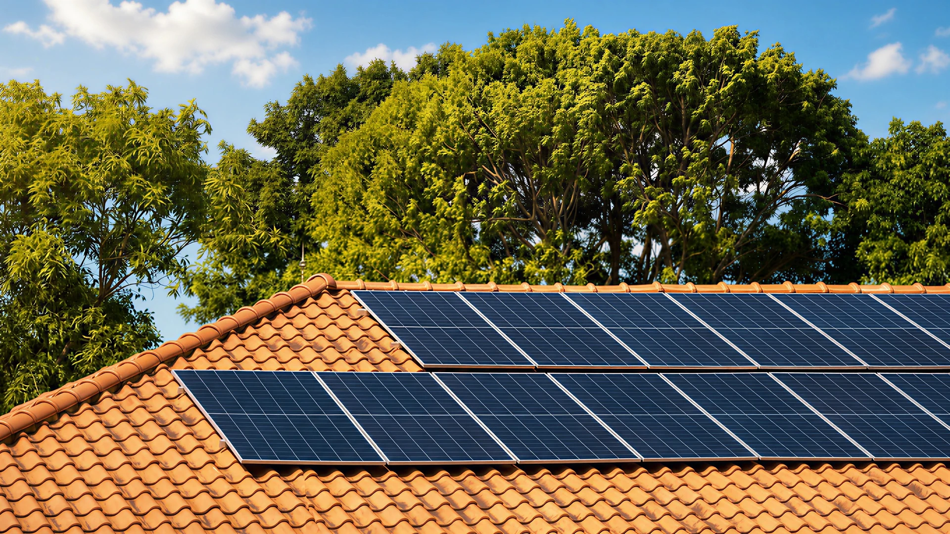 Deux techniciens installent des panneaux solaires photovoltaïques sur une toiture résidentielle en tuiles
