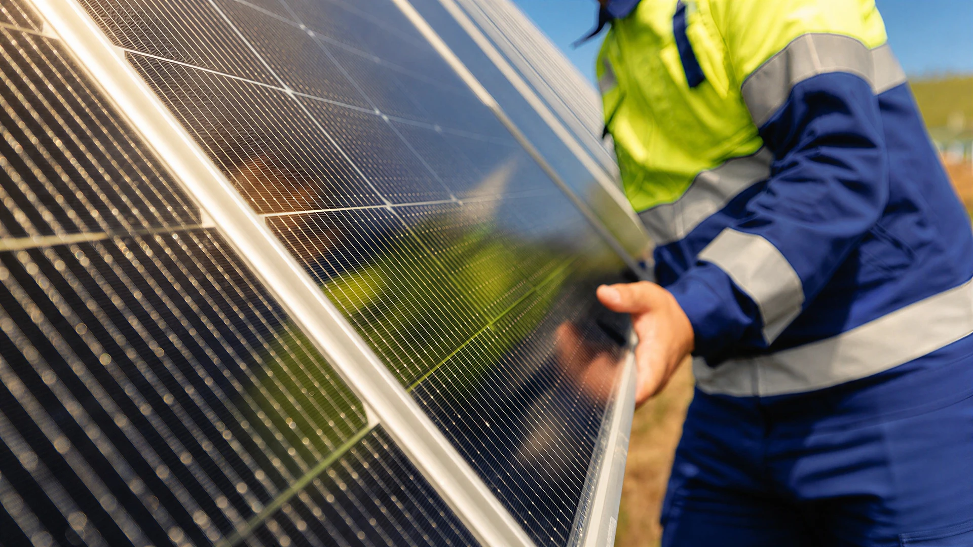 Deux techniciens en vêtements de sécurité rouge installent des panneaux solaires photovoltaïques sur une toiture en tuiles au coucher du soleil