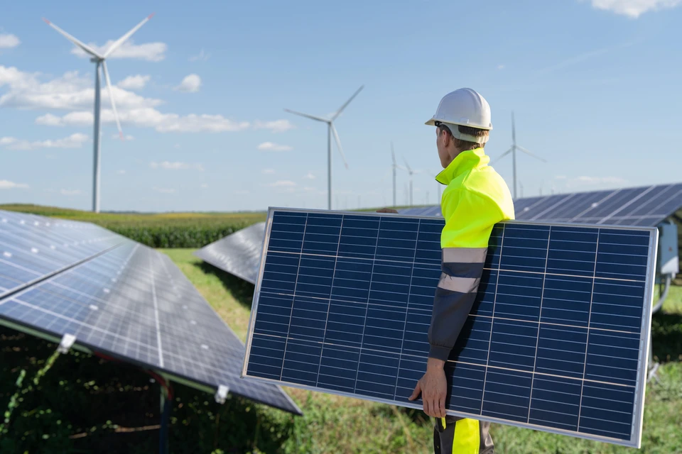 Ouvrier en équipement de sécurité installe des panneaux solaires photovoltaïques sur toiture métallique ondulée