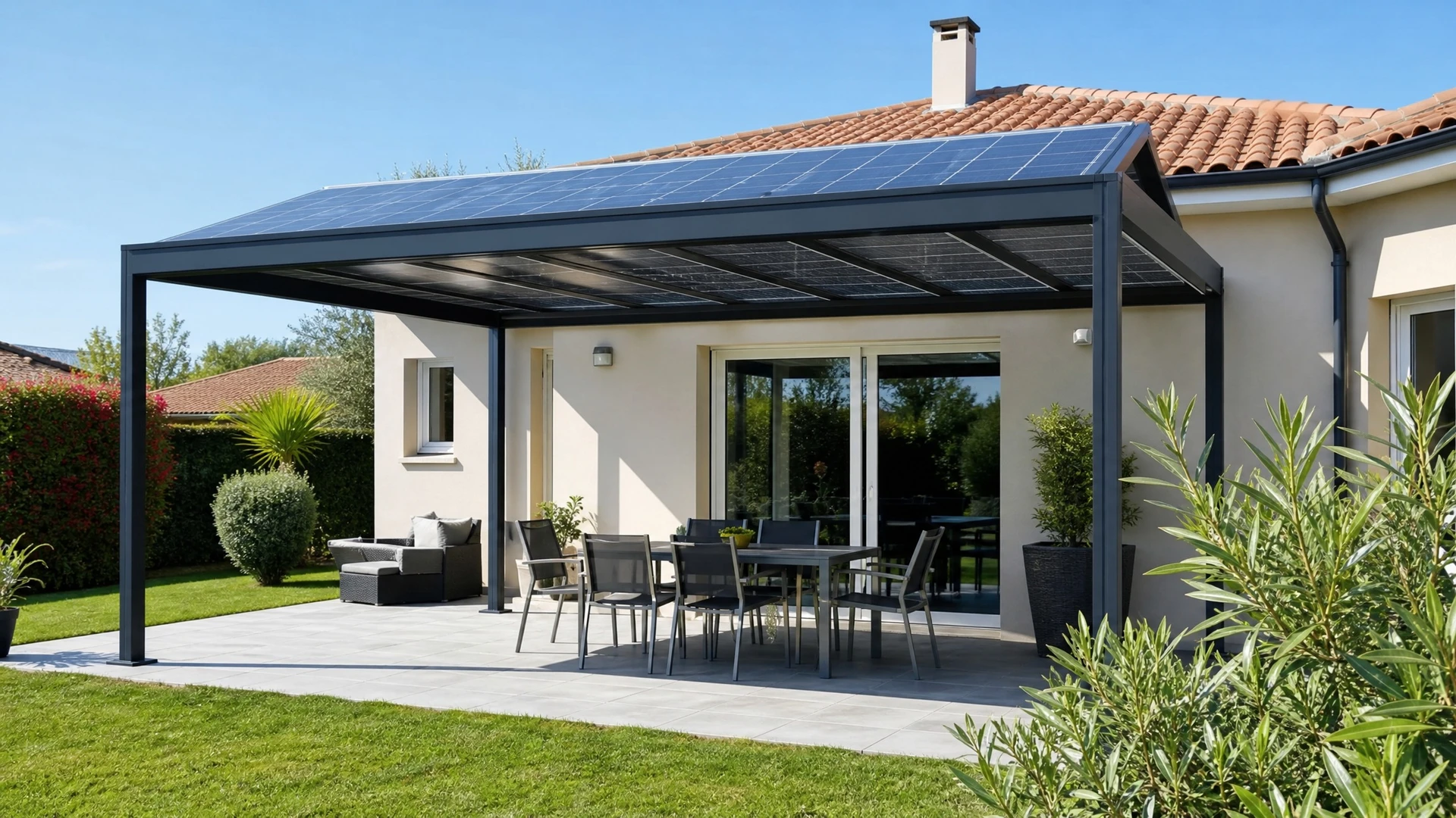 Extérieur urbain automnal avec station de recharge électrique couverte de panneaux solaires photovoltaïques