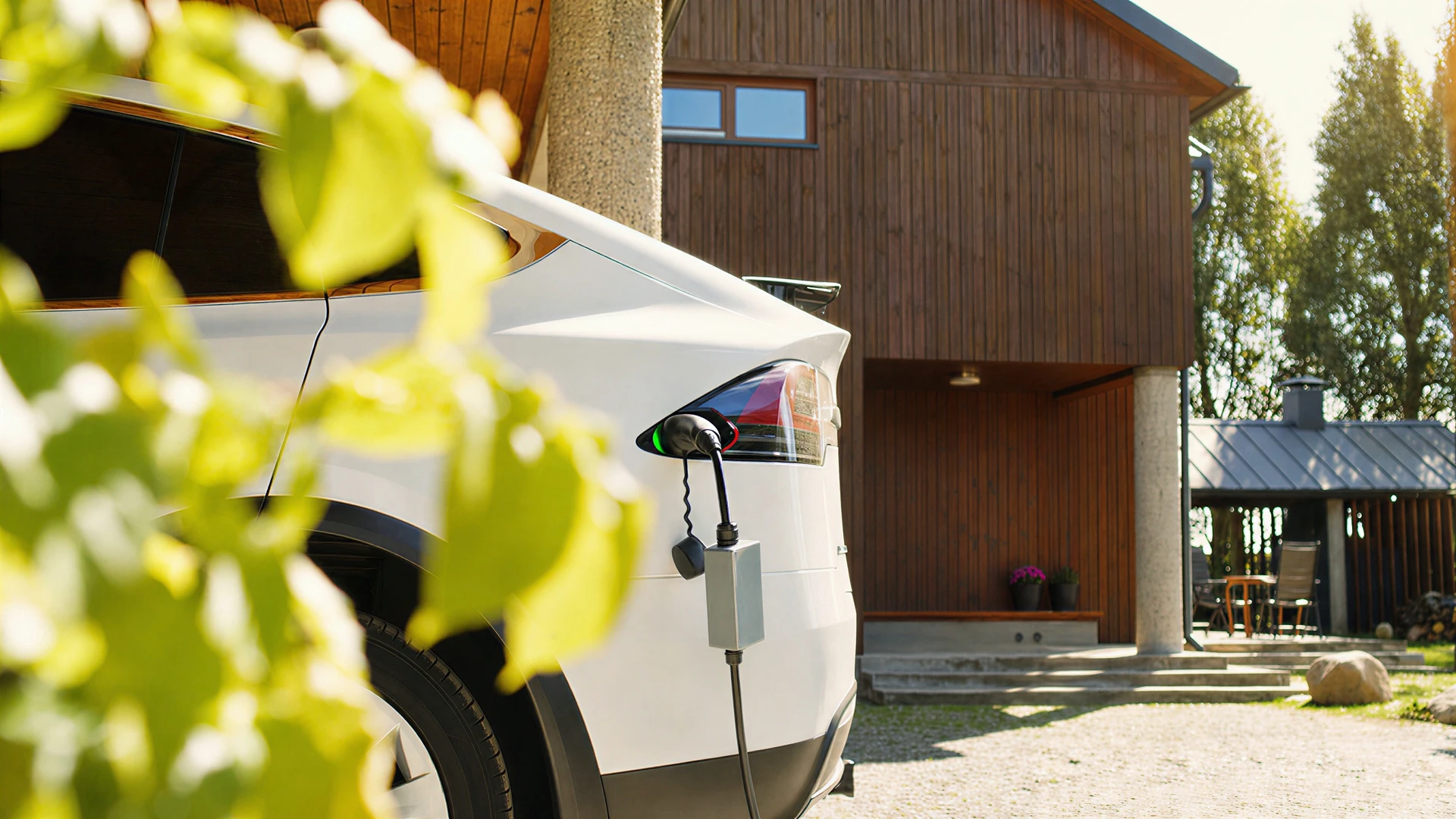 Scène extérieure avec véhicule électrique blanc en charge, câble d'alimentation jaune connecté au port de recharge latéral