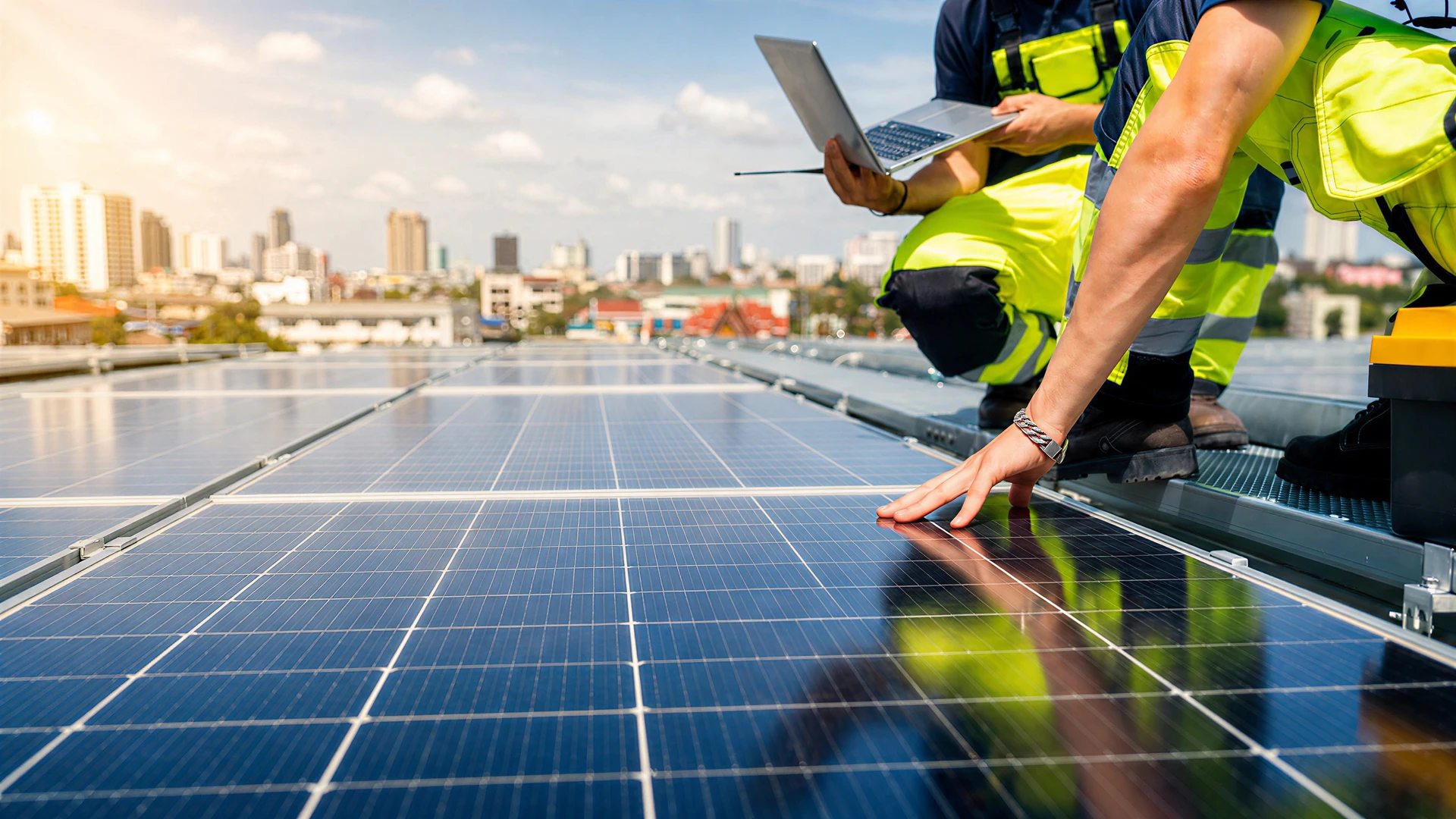 Scène extérieure avec installation de panneaux solaires photovoltaïques sous un ciel crépusculaire