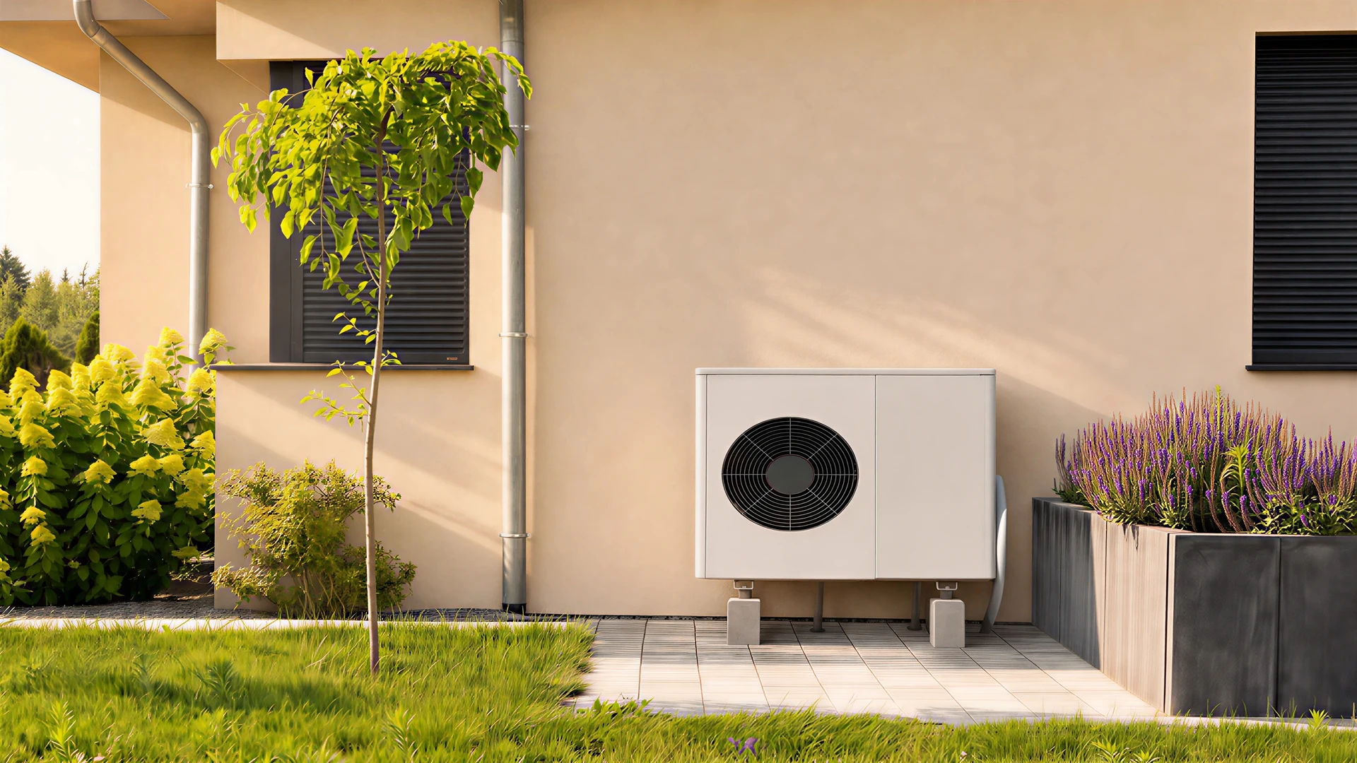 Extérieur résidentiel avec unité de climatisation montée sur mur blanc