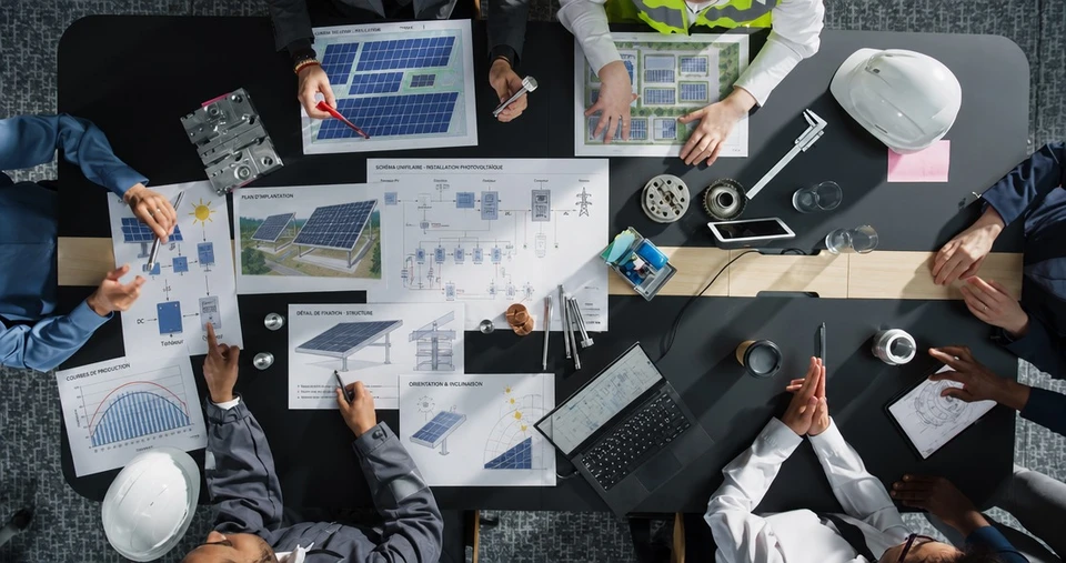 Deux ingénieurs en sécurité travaillent sur un chantier de panneaux solaires photovoltaïques, consultant un ordinateur portable pour analyser les données d'installation